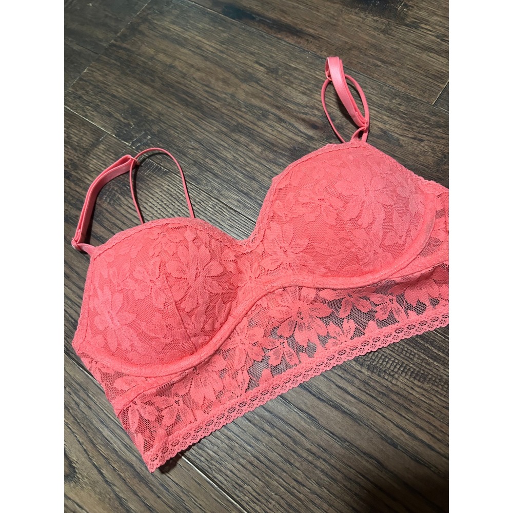 Pink Lace Push Up Bra Bralette Strappy Back Coral Pink Lingerie Size 34b